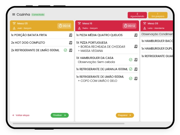 Tela do aplicativo Monitor de Cozinha integrado ao Sistema PDV